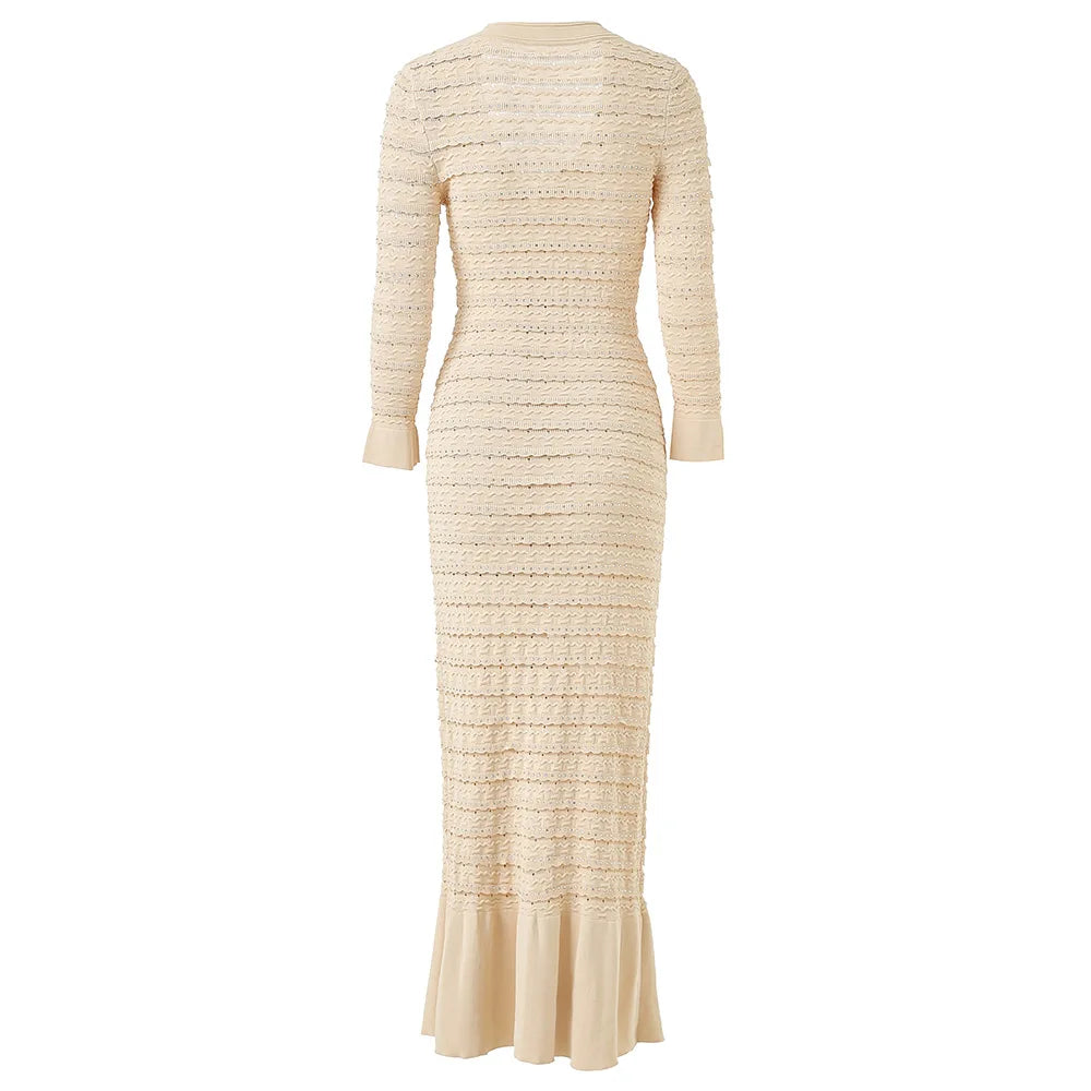 Woman White V-Neck Single Breasted Long Sleeves Long Dress 2025 Female Spring Fashion Lady Robe Elegant Knit Dresses Streetwear