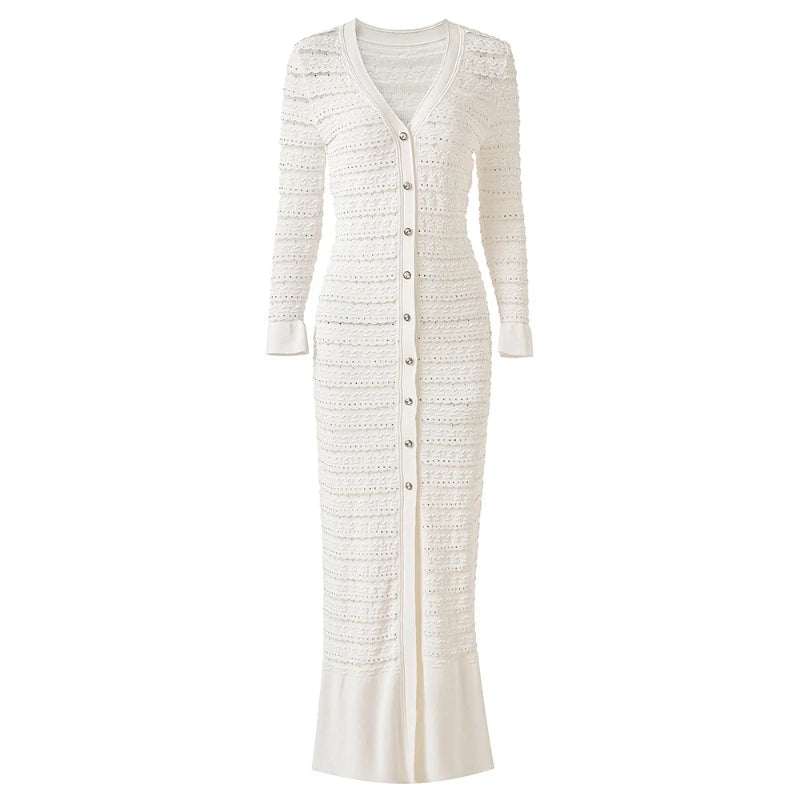 Woman White V-Neck Single Breasted Long Sleeves Long Dress 2025 Female Spring Fashion Lady Robe Elegant Knit Dresses Streetwear