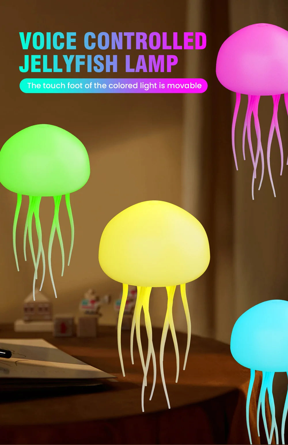 Jellyfish Cartoon LED Nihgt Light Voice Control Gradient Cute Rotating Jellyfish Hanging Bedside Lamp RGB Table Lamps Room Decor