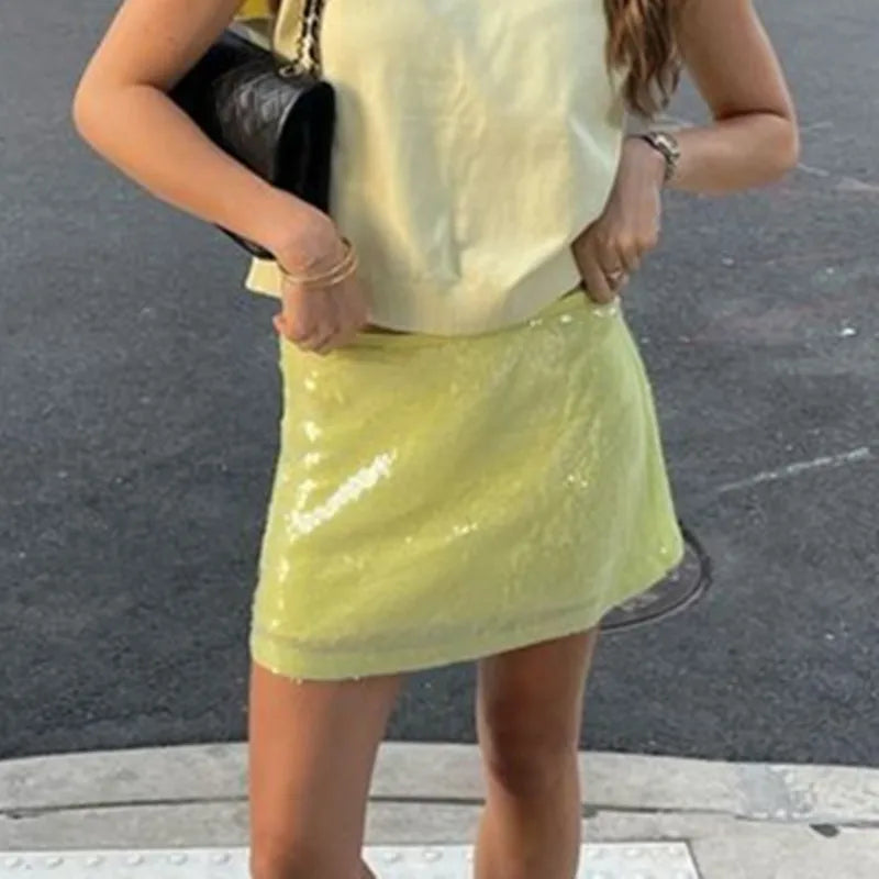 Sequined Mini Skirt Women Fashion Party Club New in Glitter Faldas Para Mujeres Light Yellow Side Zip Women's Y2K Skirt