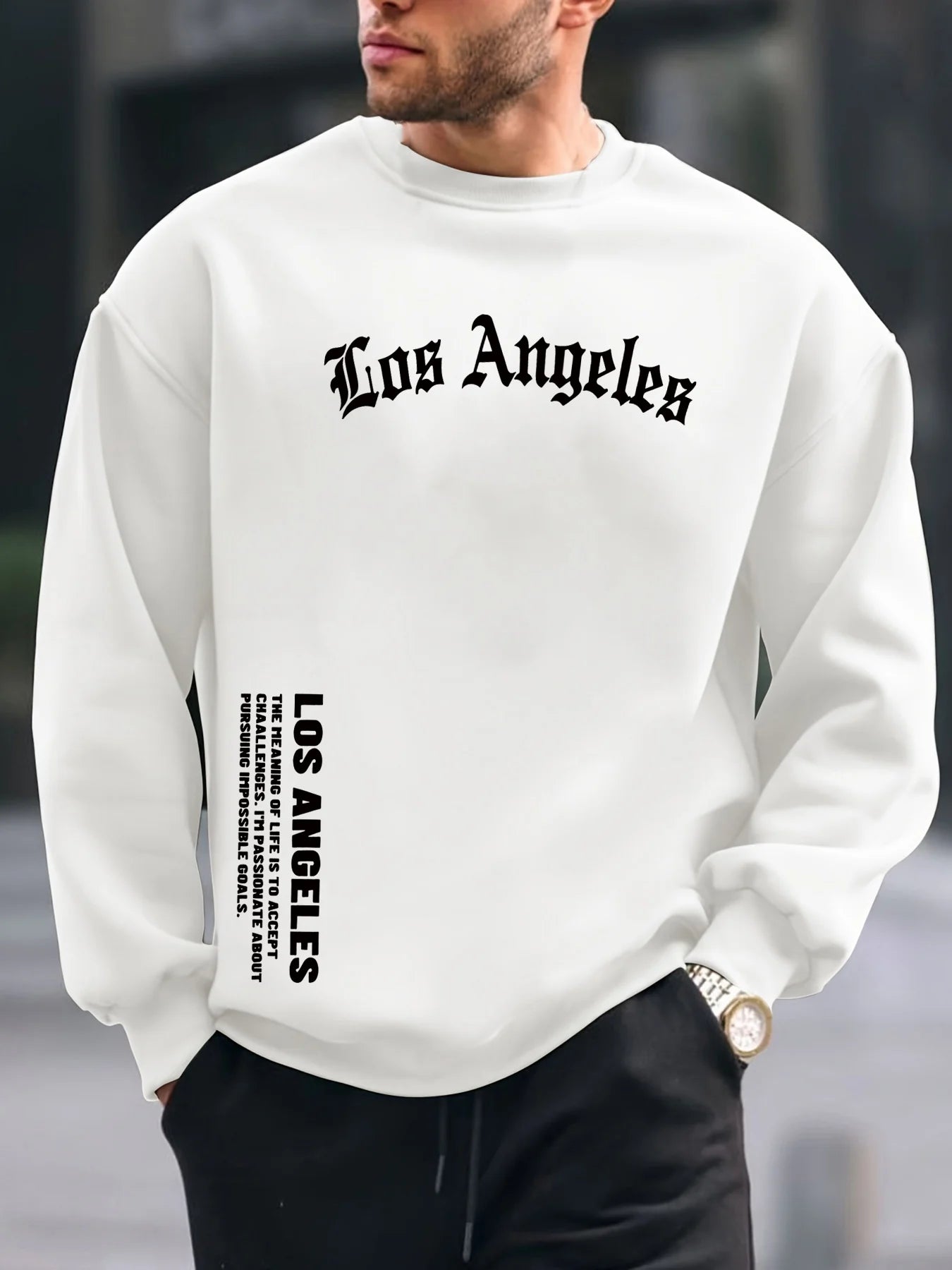Men's autumn and winter fashionable casual loose Los Angeles letter graphic printed long sleeved round neck sweatshirt