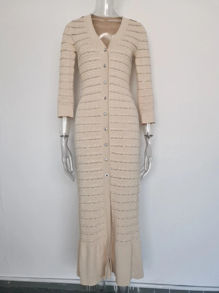 Woman White V-Neck Single Breasted Long Sleeves Long Dress 2025 Female Spring Fashion Lady Robe Elegant Knit Dresses Streetwear