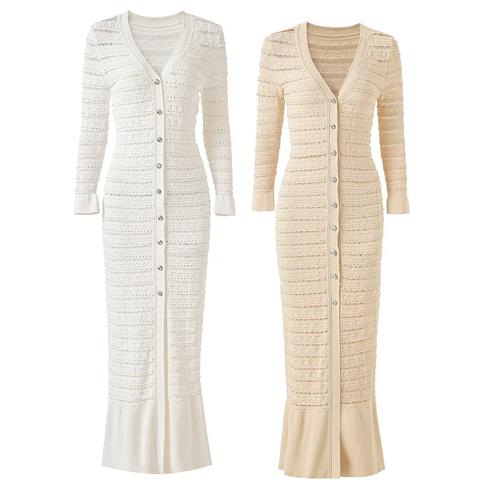 Woman White V-Neck Single Breasted Long Sleeves Long Dress 2025 Female Spring Fashion Lady Robe Elegant Knit Dresses Streetwear