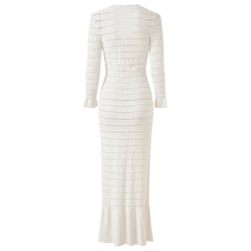 Woman White V-Neck Single Breasted Long Sleeves Long Dress 2025 Female Spring Fashion Lady Robe Elegant Knit Dresses Streetwear