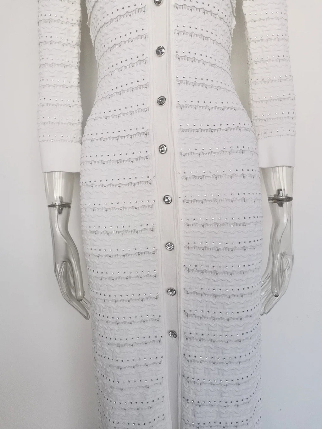 Woman White V-Neck Single Breasted Long Sleeves Long Dress 2025 Female Spring Fashion Lady Robe Elegant Knit Dresses Streetwear