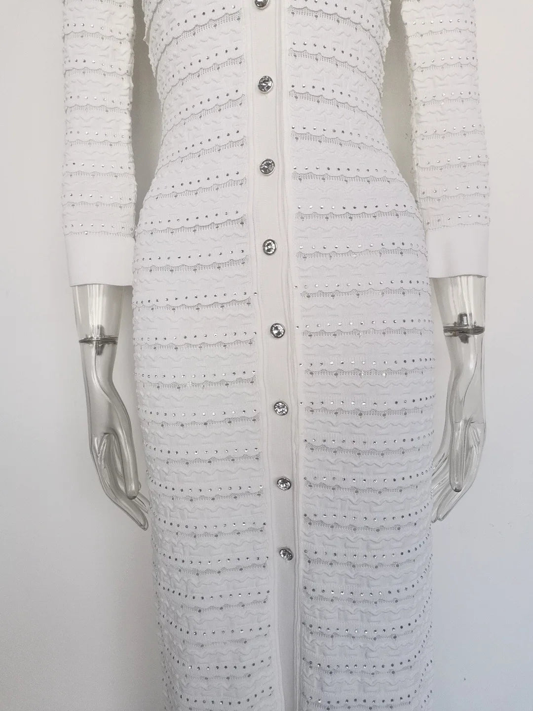 Woman White V-Neck Single Breasted Long Sleeves Long Dress 2025 Female Spring Fashion Lady Robe Elegant Knit Dresses Streetwear