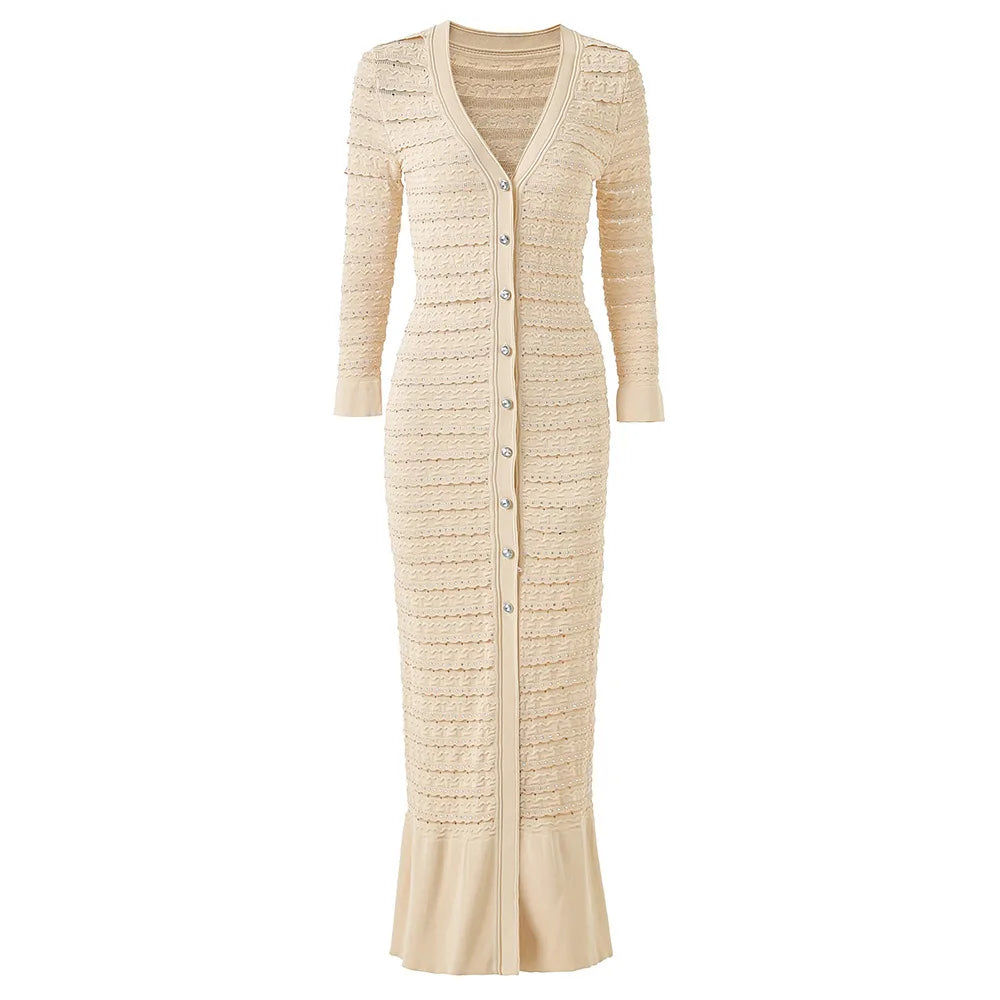 Woman White V-Neck Single Breasted Long Sleeves Long Dress 2025 Female Spring Fashion Lady Robe Elegant Knit Dresses Streetwear