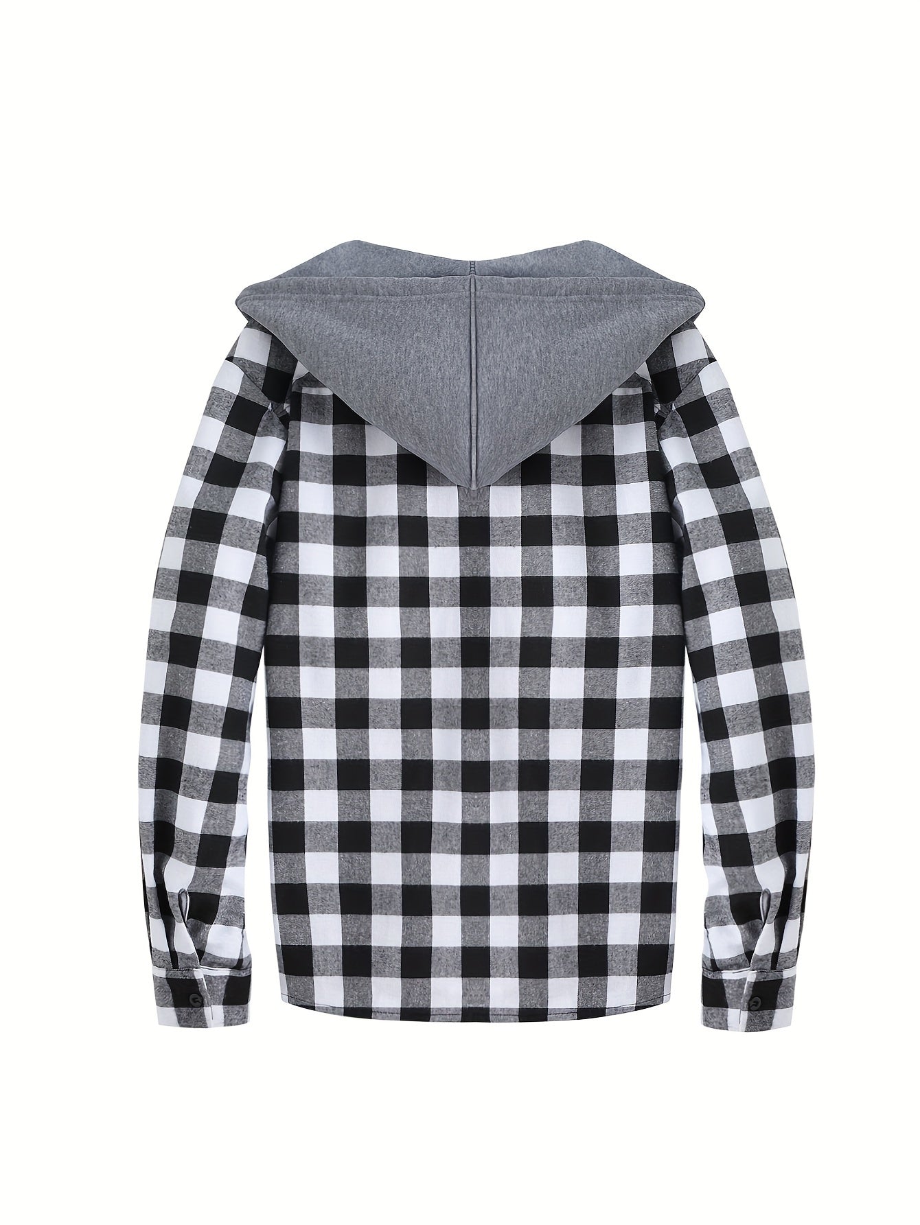 Long Sleeve Casual Regular Fit Button Up Hooded Shirts Jacket, Plaid Shirt Coat For Men