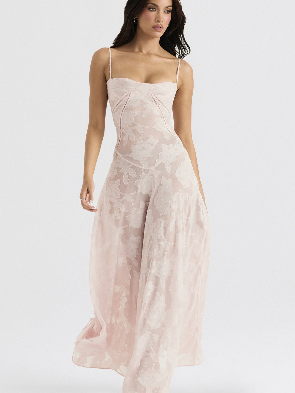 French-Style Jacquard Tie-Up Long Dress
