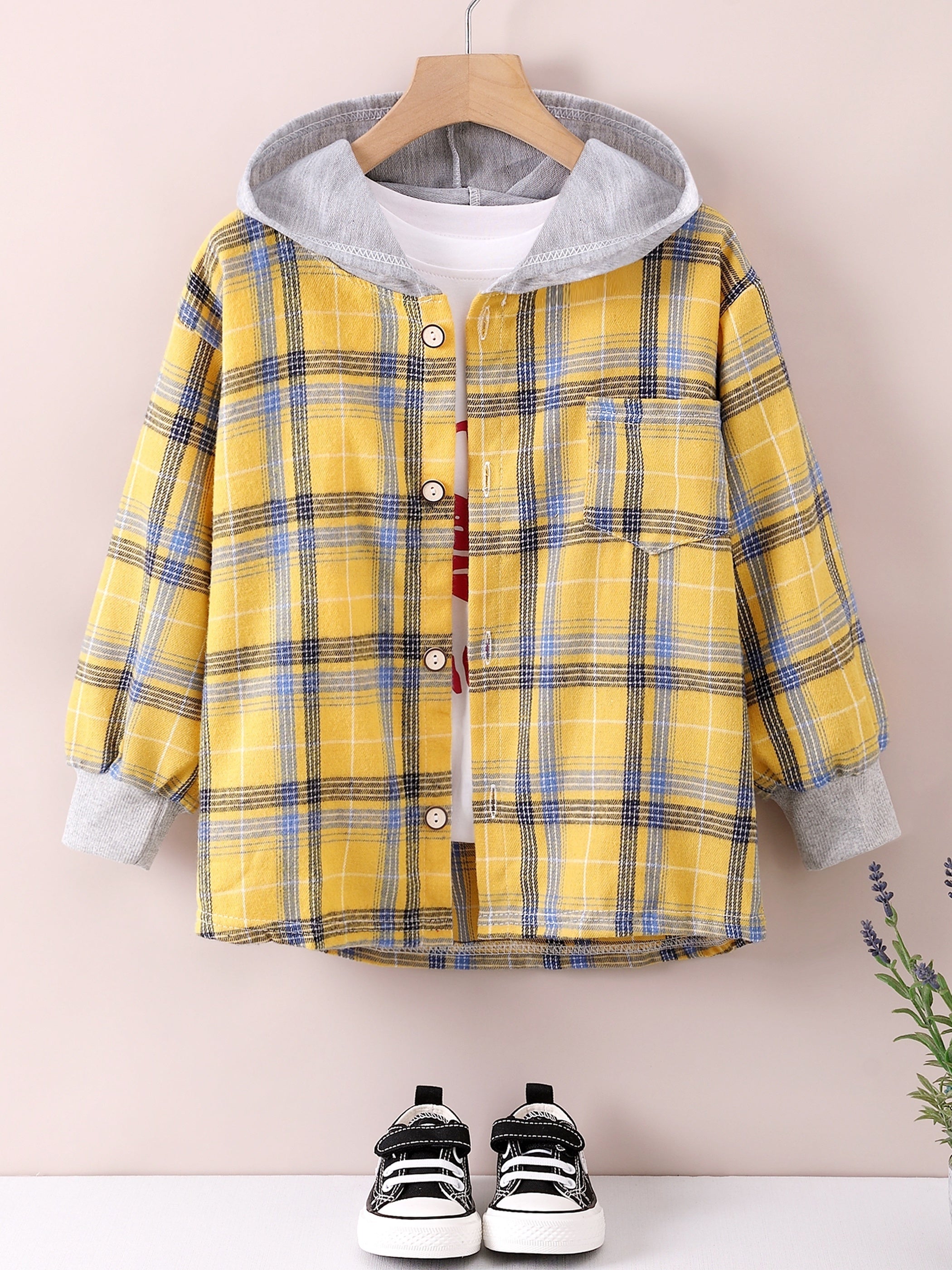 Boys Fashion Plaid Hooded Jacket, Long Sleeve Button Down Hooded Jacket, Kids Clothing