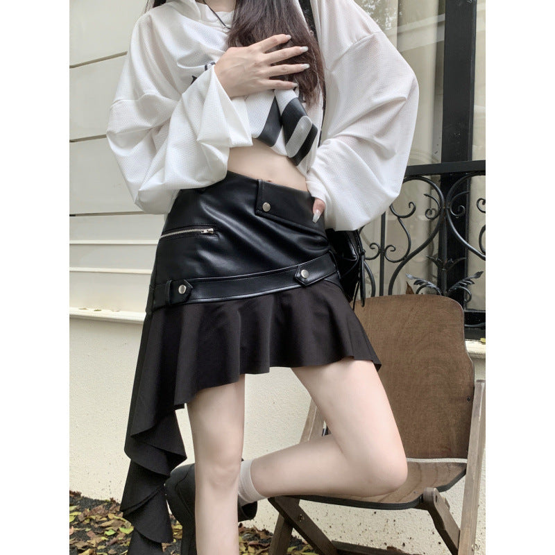 Vintage PU Leather A-Line Skirt with Ruffles
