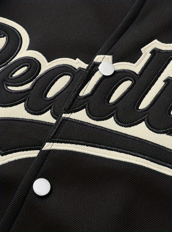 Men's Casual Varsity Jacket - "REARING" Embroidered, Color Block, Polyester, Button-Up with Pockets, Street Style Baseball Coat, Machine Washable