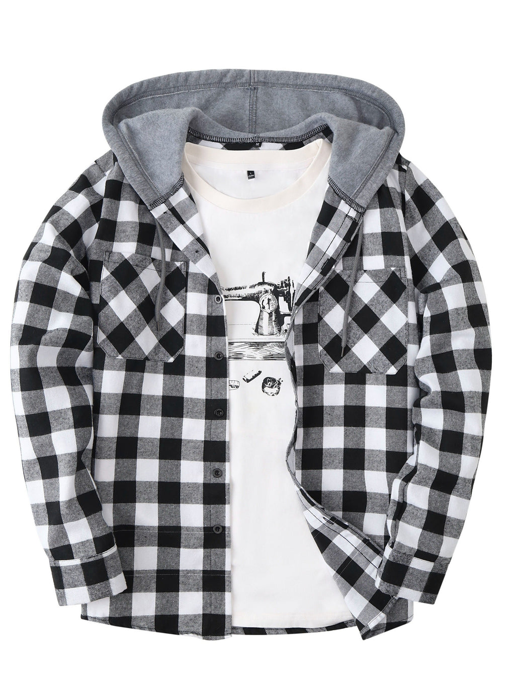 Long Sleeve Casual Regular Fit Button Up Hooded Shirts Jacket, Plaid Shirt Coat For Men