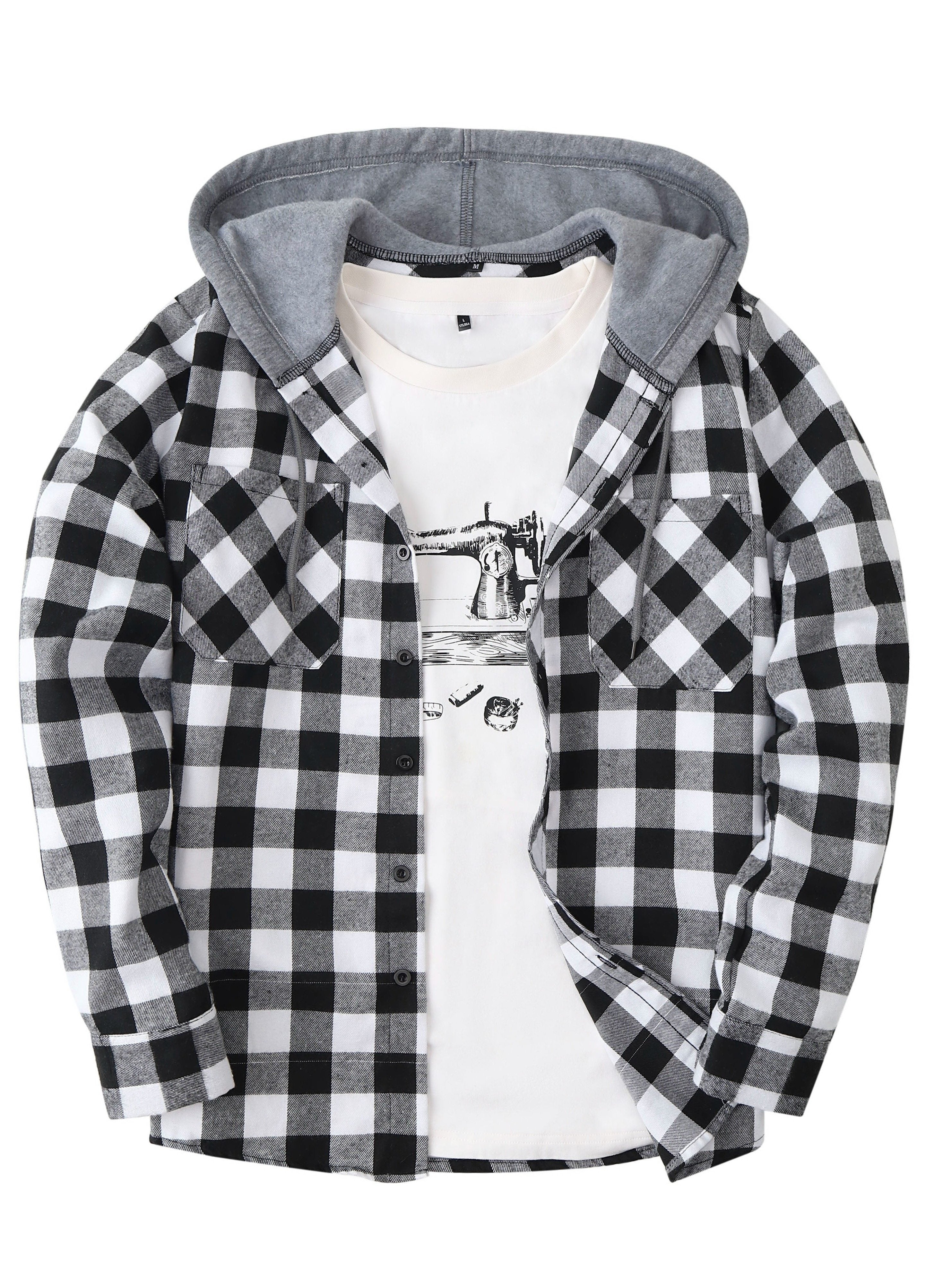 Long Sleeve Casual Regular Fit Button Up Hooded Shirts Jacket, Plaid Shirt Coat For Men