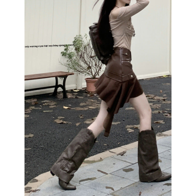 Vintage PU Leather A-Line Skirt with Ruffles