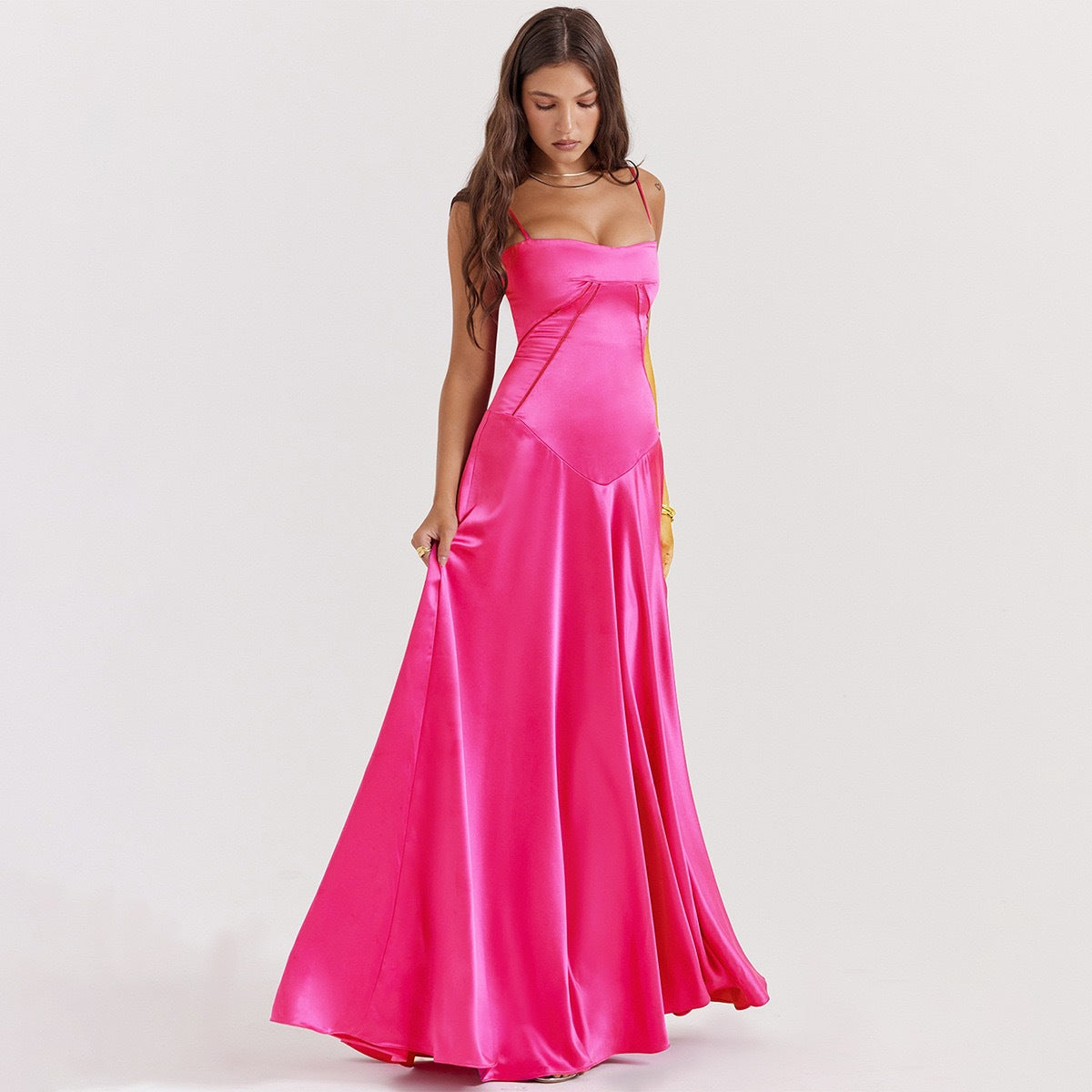French-Style Jacquard Tie-Up Long Dress