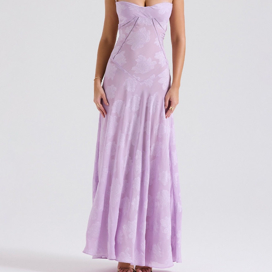 French-Style Jacquard Tie-Up Long Dress
