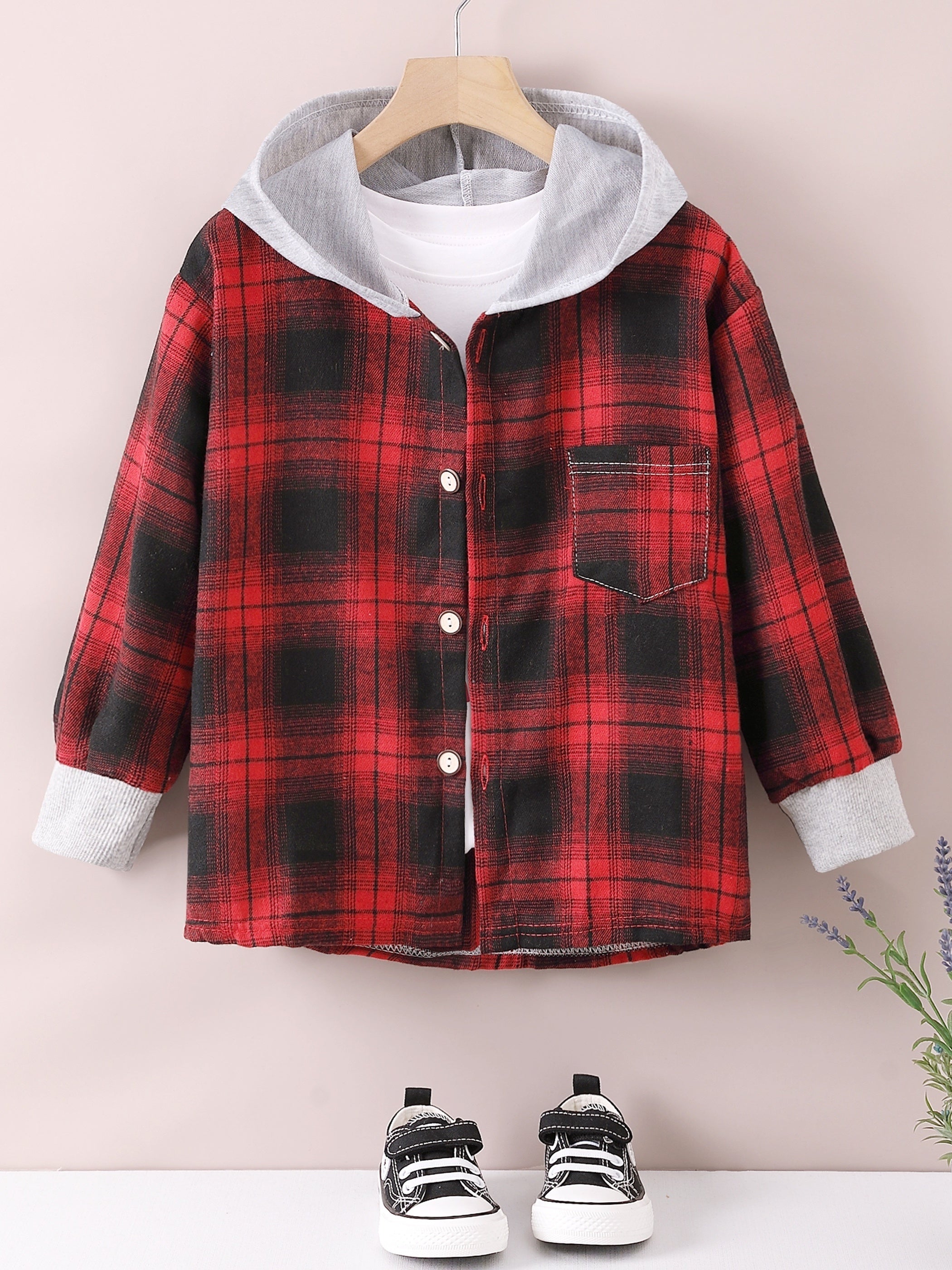 Boys Fashion Plaid Hooded Jacket, Long Sleeve Button Down Hooded Jacket, Kids Clothing
