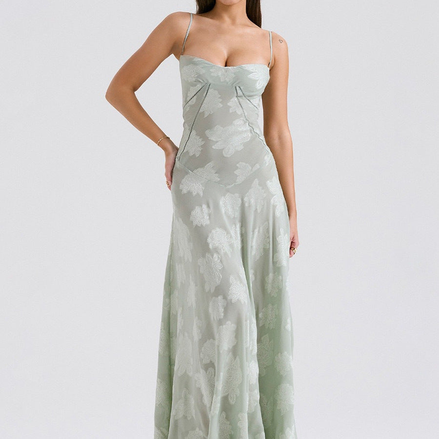 French-Style Jacquard Tie-Up Long Dress