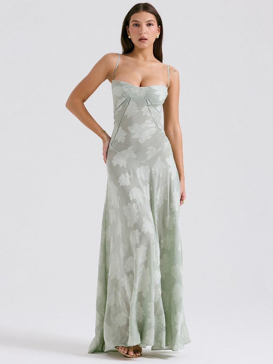 French-Style Jacquard Tie-Up Long Dress