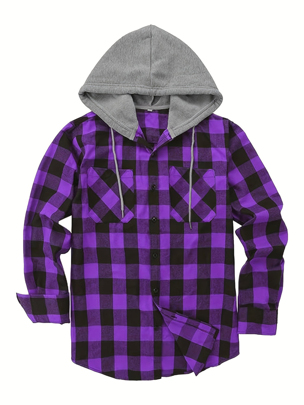 Long Sleeve Casual Regular Fit Button Up Hooded Shirts Jacket, Plaid Shirt Coat For Men