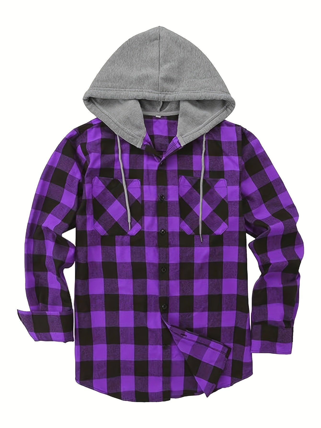 Long Sleeve Casual Regular Fit Button Up Hooded Shirts Jacket, Plaid Shirt Coat For Men