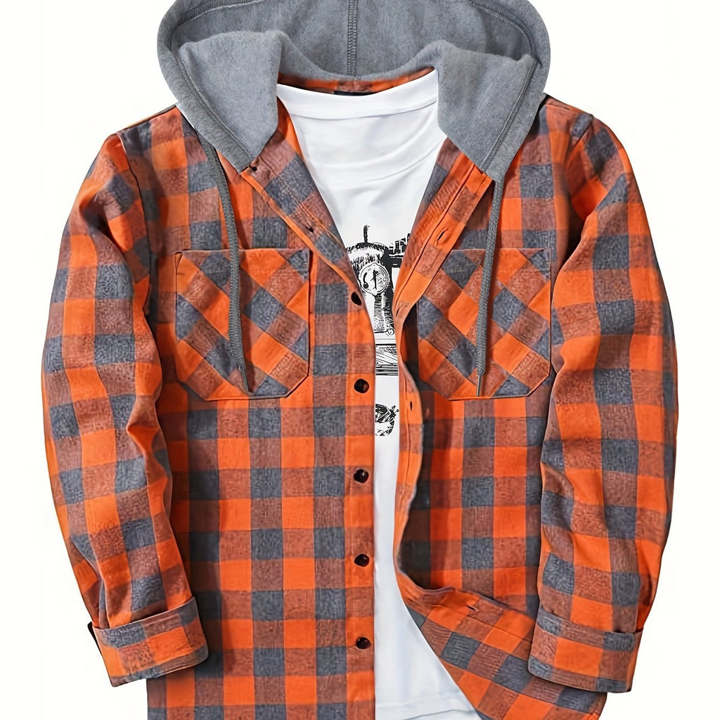 Long Sleeve Casual Regular Fit Button Up Hooded Shirts Jacket, Plaid Shirt Coat For Men