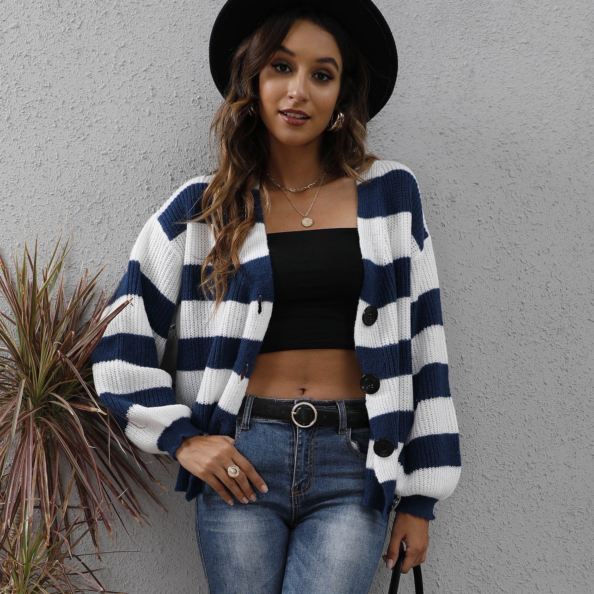 Women's Cardigan Striped Button Stitching Woven Sweater